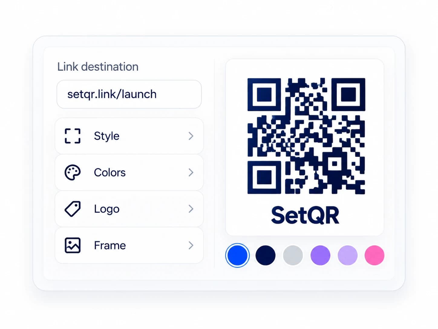 Illustration of the SetQR editor with a destination field, design options and color swatches.